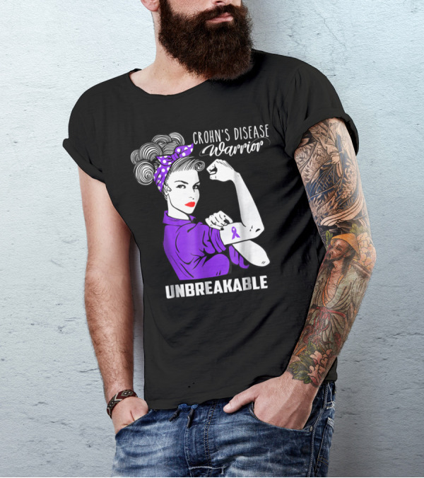 Crohn's Disease Warrior Unbreakable Awareness With Purple Ribbon Rosie The Riveter T-Shirt