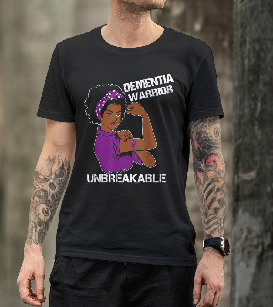 Dementia Warrior Unbreakable Rosie The Riveter Woman With Purple Awareness T-Shirt