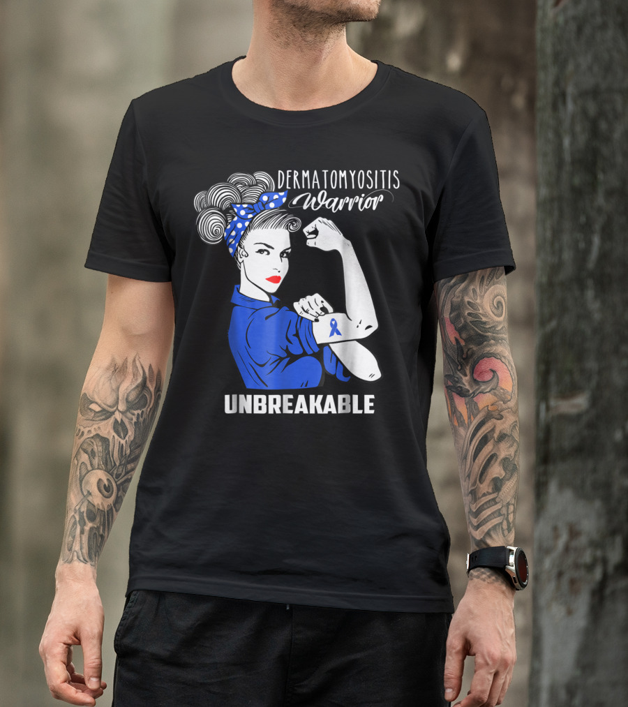 Dermatomyositis Warrior Unbreakable Awareness Flexing Rosie Icon With Blue T-Shirt