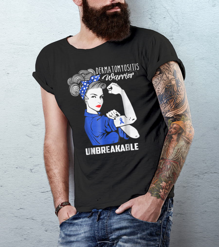 Dermatomyositis Warrior Unbreakable Awareness Flexing Rosie Icon With Blue T-Shirt