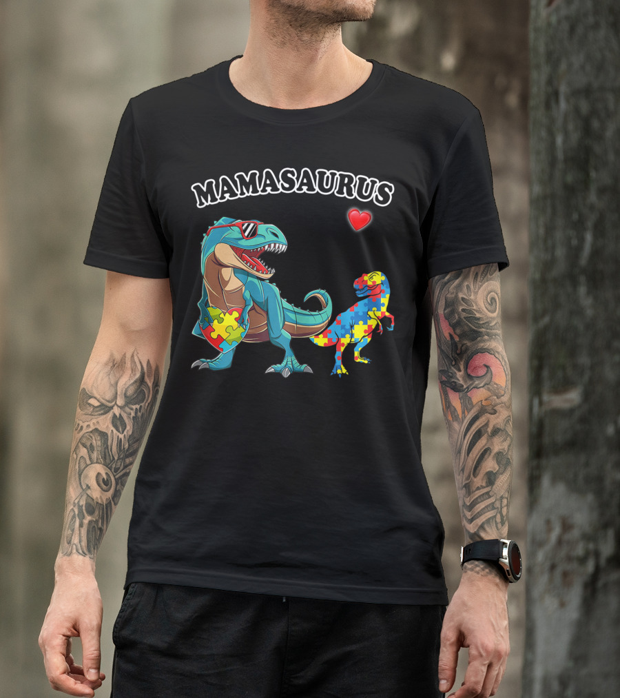 Mamasaurus Dinosaur Heart Puzzle Autism Awareness T-Shirt