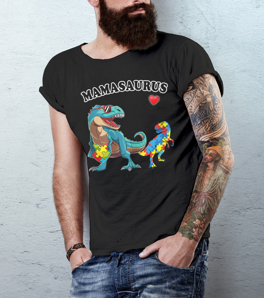 Mamasaurus Dinosaur Heart Puzzle Autism Awareness T-Shirt