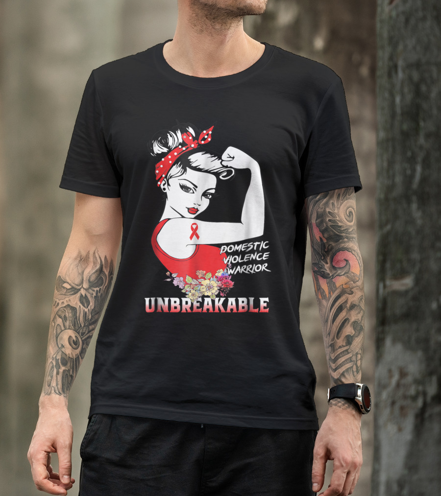 Domestic Violence Warrior Unbreakable Red Ribbon Rosie The Riveter Floral T-Shirt