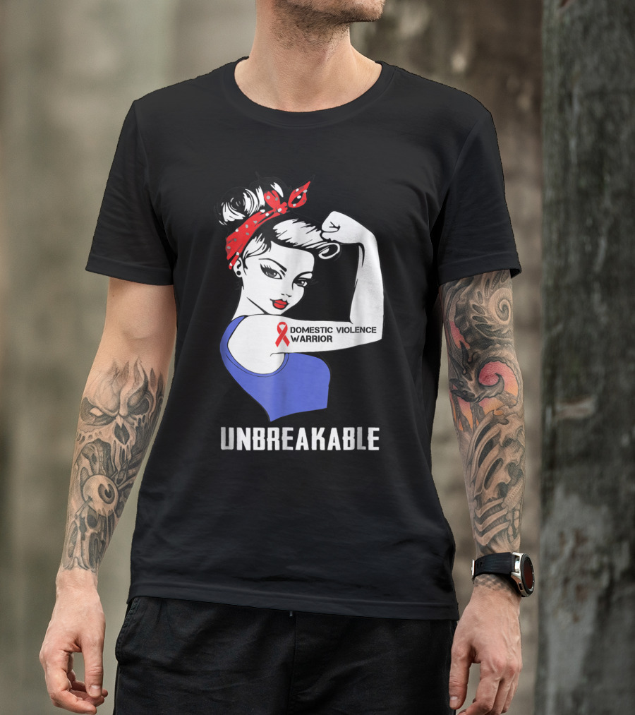 Domestic Violence Warrior Unbreakable Rosie Riveter Red Ribbon T-Shirt