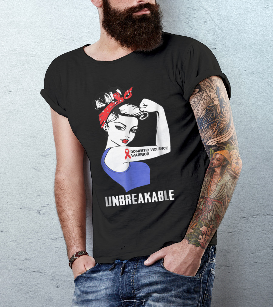 Domestic Violence Warrior Unbreakable Rosie Riveter Red Ribbon T-Shirt