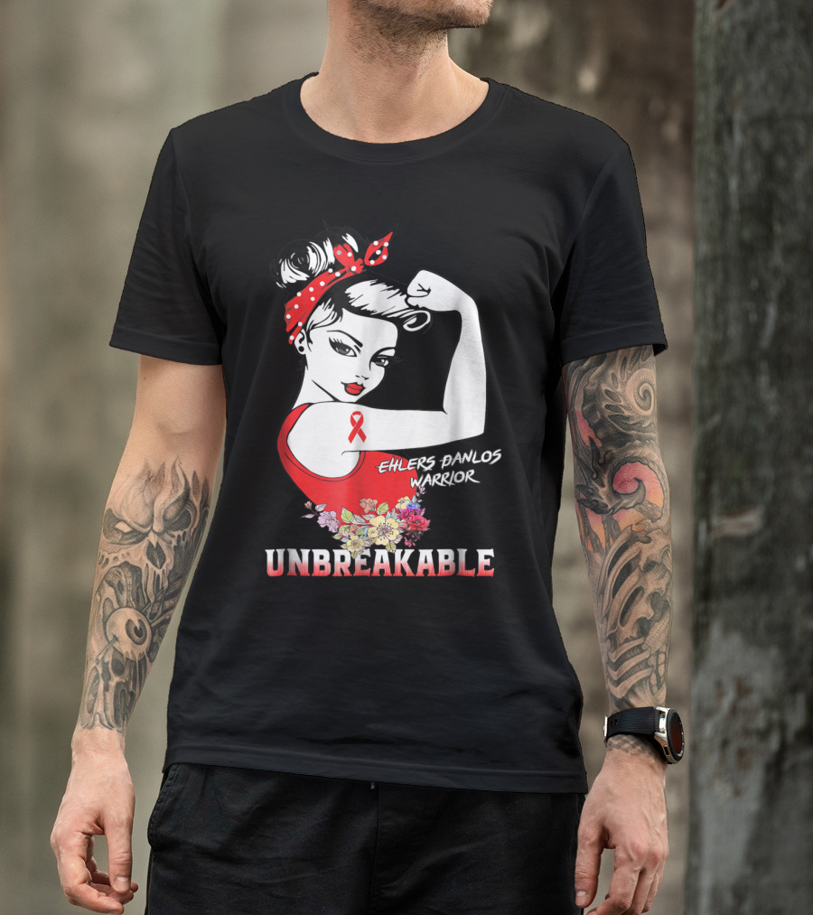 Ehlers Danlos Warrior Unbreakable Rosie The Riveter Style With Ribbon And Floral Elements T-Shirt