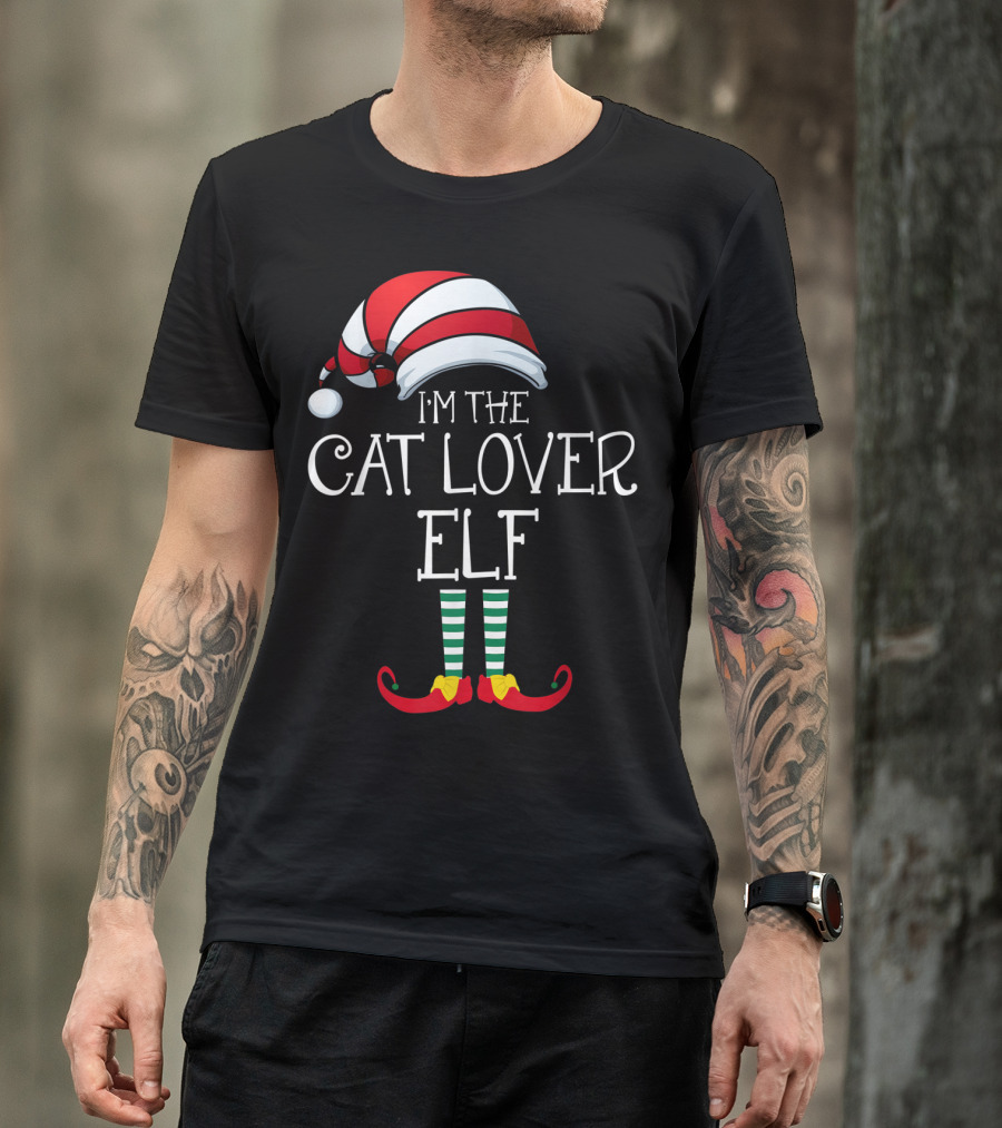 I'm The Cat Lover Elf Family Christmas Hat And Striped Socks T-Shirt
