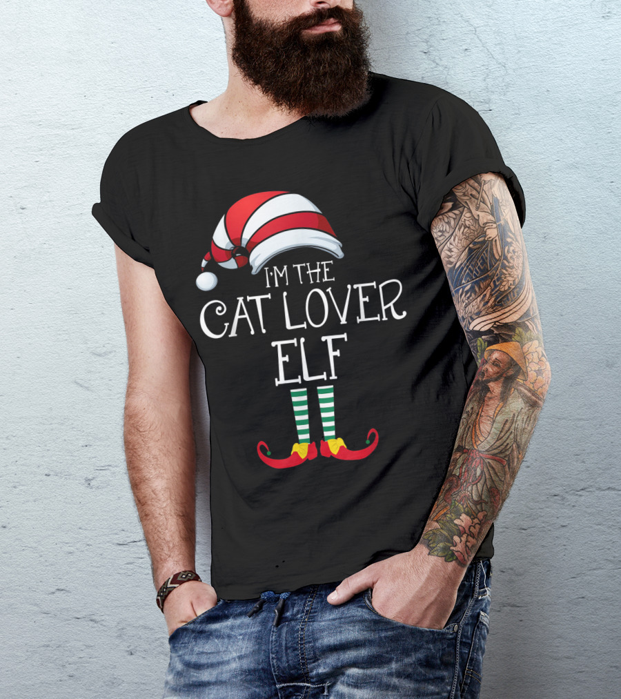 I'm The Cat Lover Elf Family Christmas Hat And Striped Socks T-Shirt