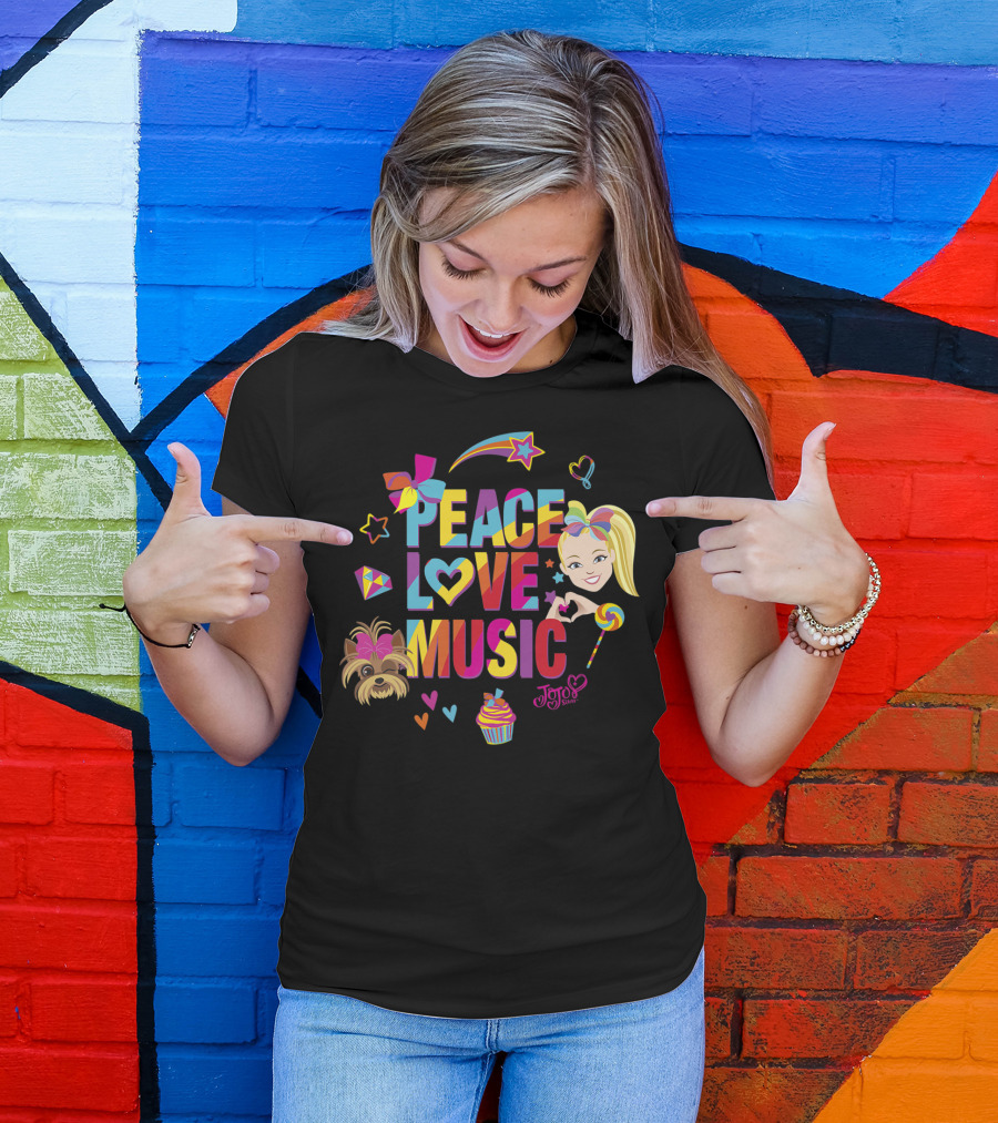 Jojo Siwa Peace Love Music Rainbow With Bow Stars Hearts Cupcake Puppy T-Shirt