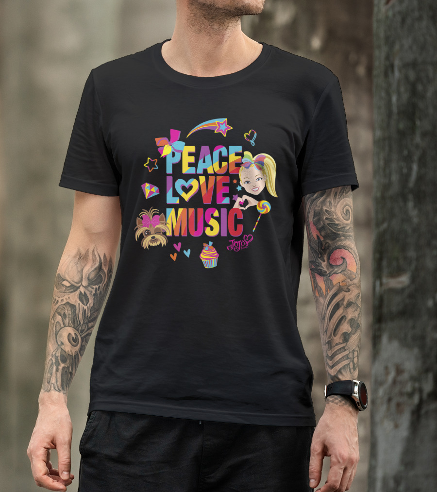 Jojo Siwa Peace Love Music Rainbow With Bow Stars Hearts Cupcake Puppy T-Shirt