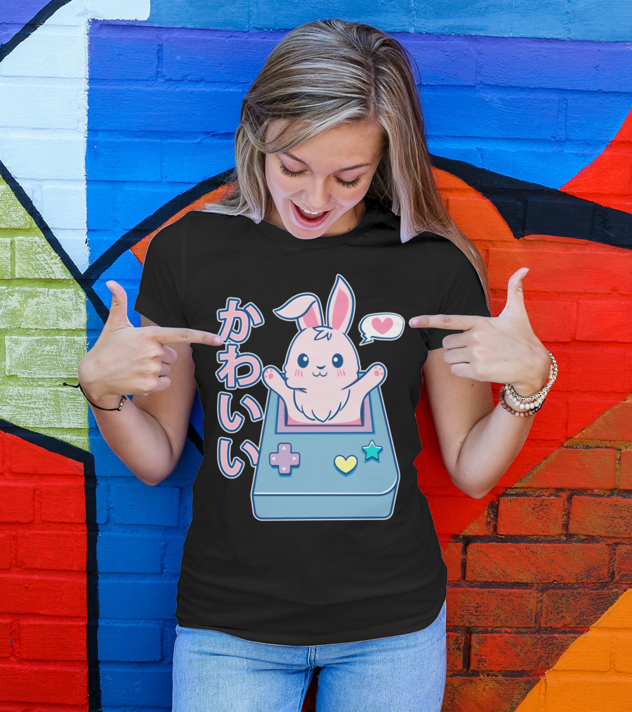 Kawaii Gamer Bunny Rabbit In Pastel Colors With Japanese Text And Game Console T-Shirt