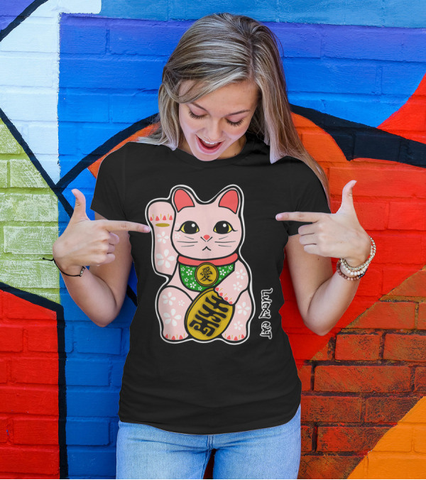 Lucky Cat Manekineko Japanese Love Prosperity Symbol Icon Floral T-Shirt