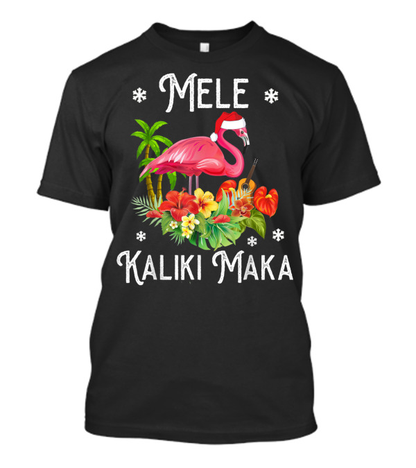 Mele Kalikimaka Merry Christmas Flamingo Santa Hat Tropical Flowers Palm Tree T-Shirt
