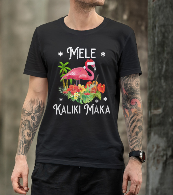 Mele Kalikimaka Merry Christmas Flamingo Santa Hat Tropical Flowers Palm Tree T-Shirt
