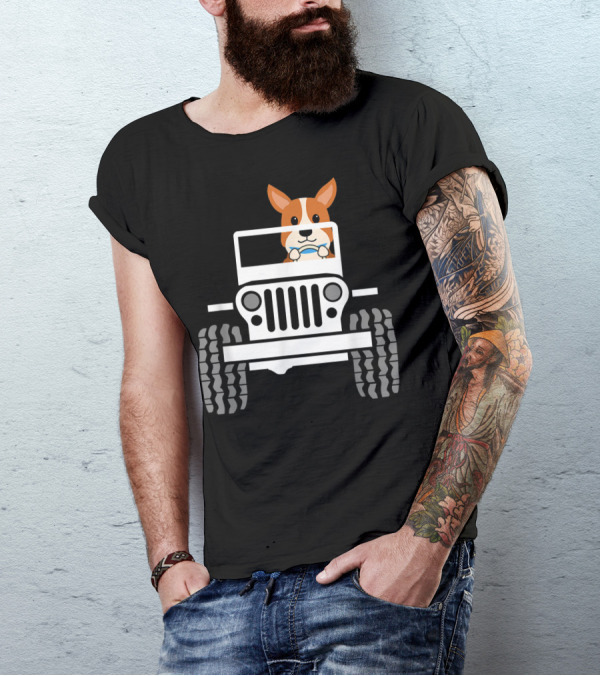 Mens Funny Cute Corgi Jeep Dog T-Shirt