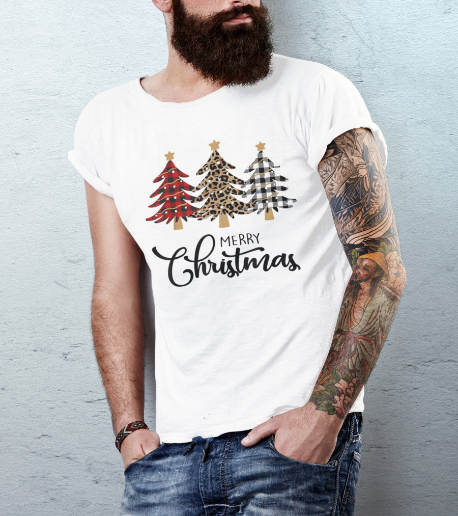 Merry Christmas Plaid Leopard Trees T-Shirt