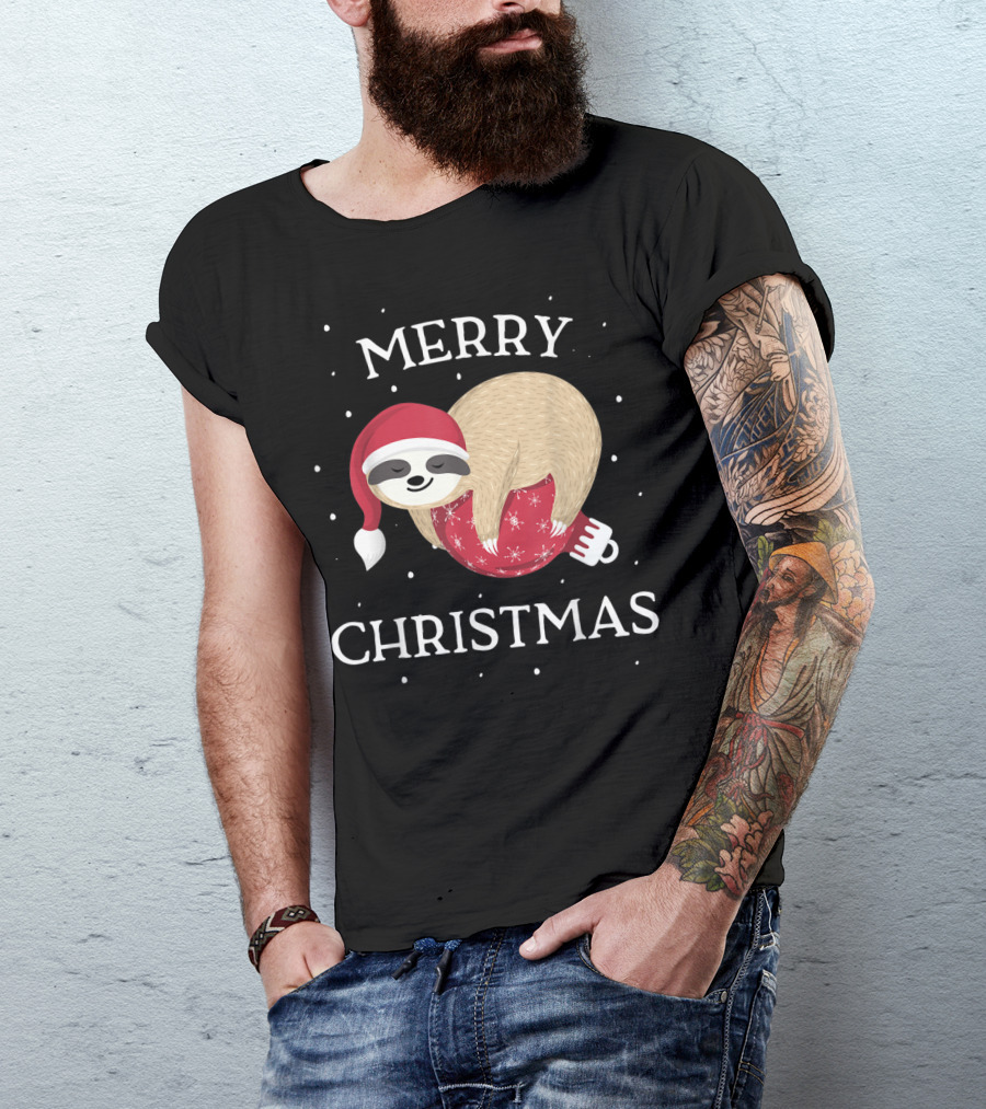 Merry Christmas Sloth Santa Hat Snowflakes T-Shirt