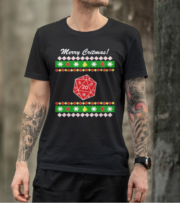 Merry Critmas 20-Sided Dice Dungeon Holiday Game Snowflakes T-Shirt
