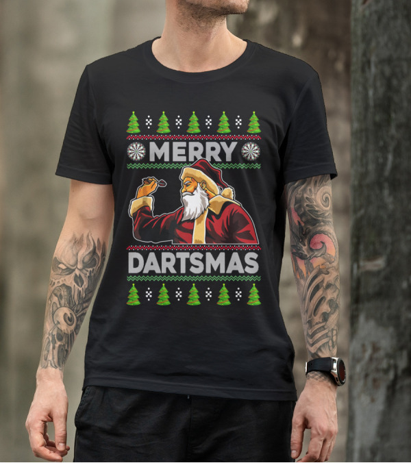 Merry Dartmas Santa Claus Playing Darts With Christmas Trees And Snowflakes T-Shirt
