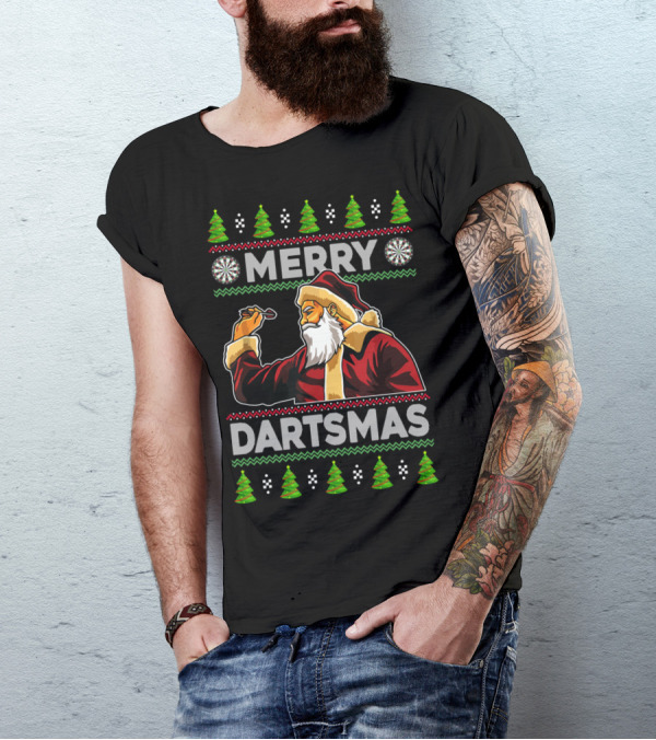 Merry Dartmas Santa Claus Playing Darts With Christmas Trees And Snowflakes T-Shirt