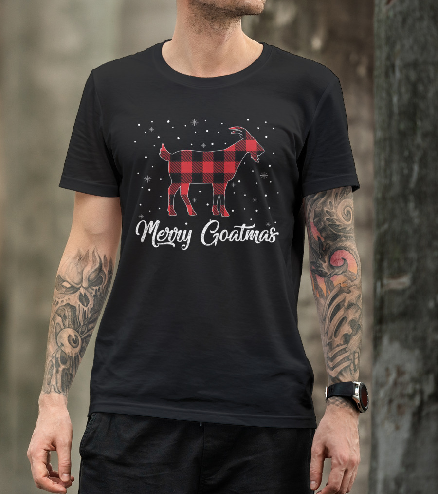 Merry Goatmas Red Plaid Goat Snowflakes T-Shirt