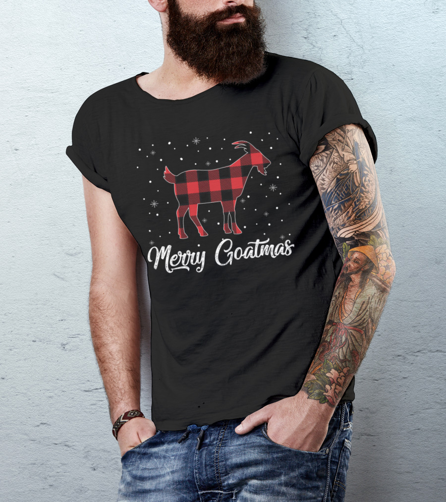 Merry Goatmas Red Plaid Goat Snowflakes T-Shirt