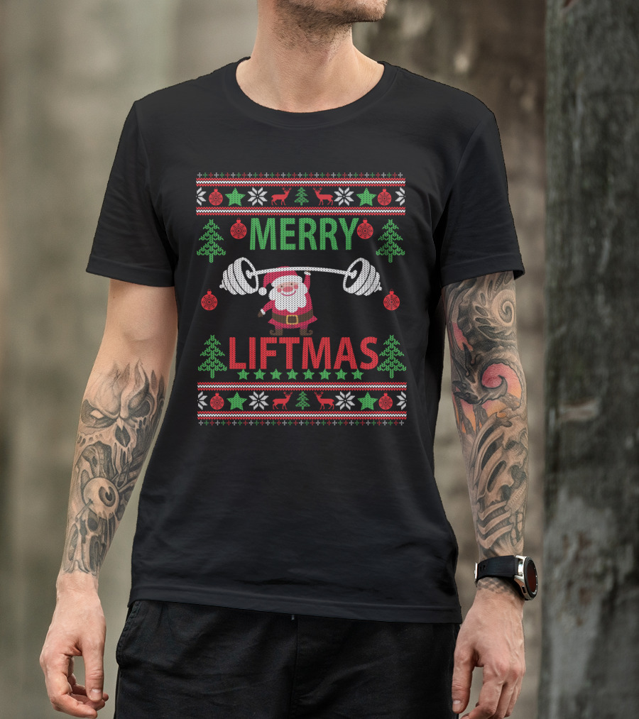 Merry Liftmas Santa Lifting Weights Ugly Christmas T-Shirt