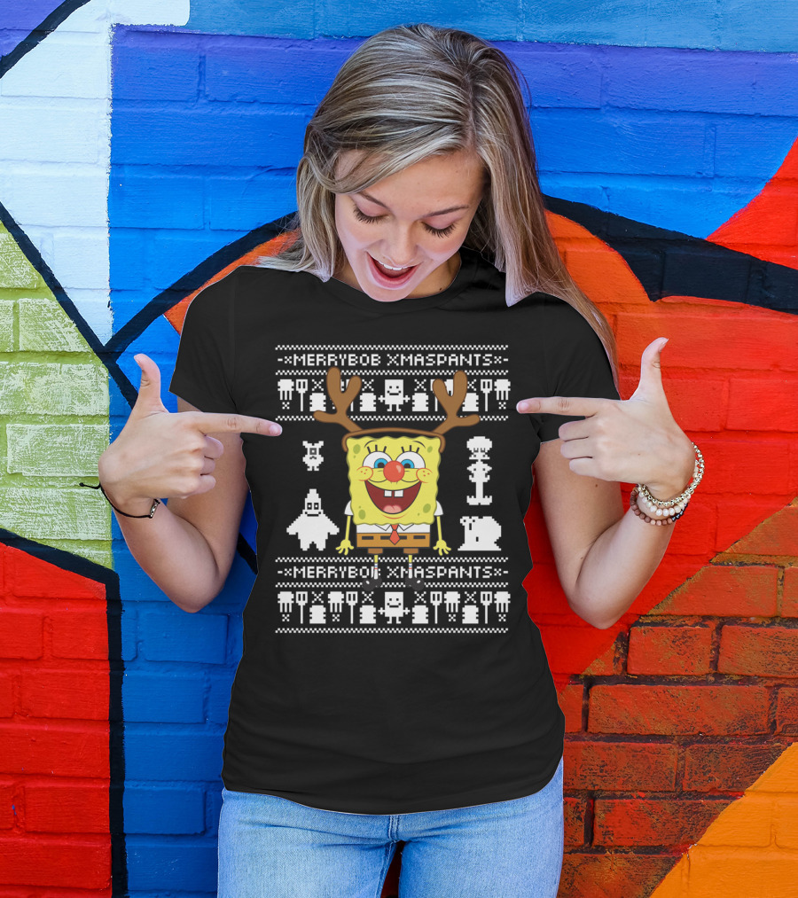 Merrybob Xmaspants Ugly Xmas SpongeBob Reindeer Pixel T-Shirt