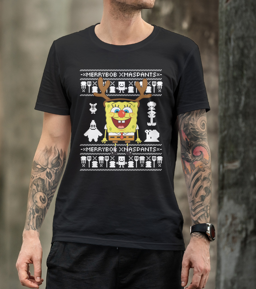 Merrybob Xmaspants Ugly Xmas SpongeBob Reindeer Pixel T-Shirt