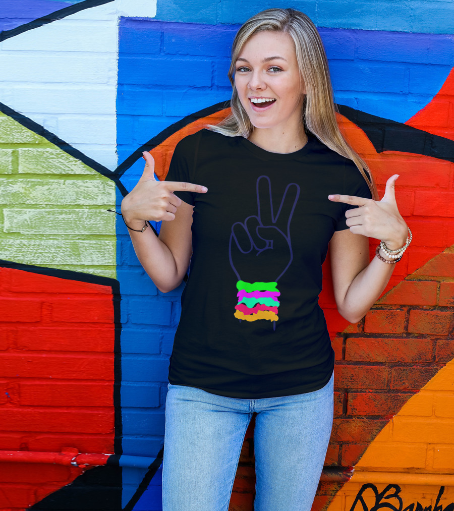 Peace Hand Sign With Colorful Scrunchies T-Shirt