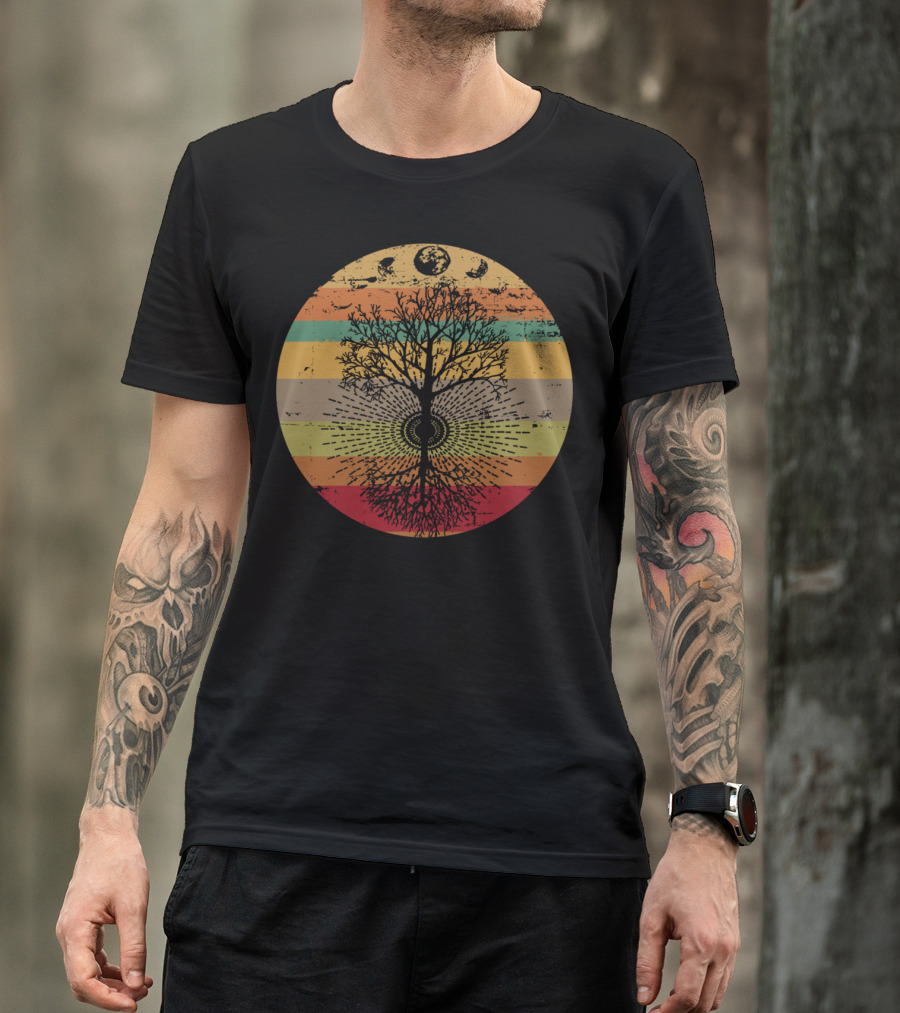 Phases Of The Moon Retro Tree With 60s 70s Vibe Rainbow Stripes T-Shirt