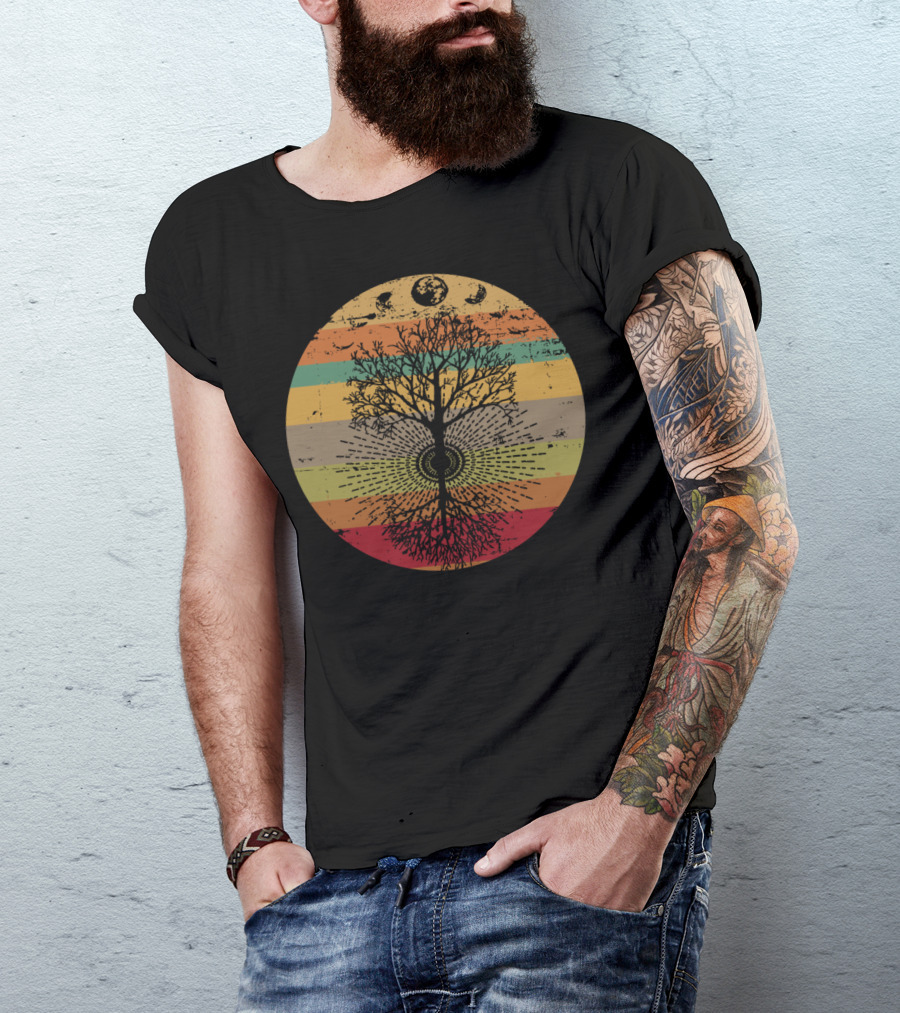 Phases Of The Moon Retro Tree With 60s 70s Vibe Rainbow Stripes T-Shirt
