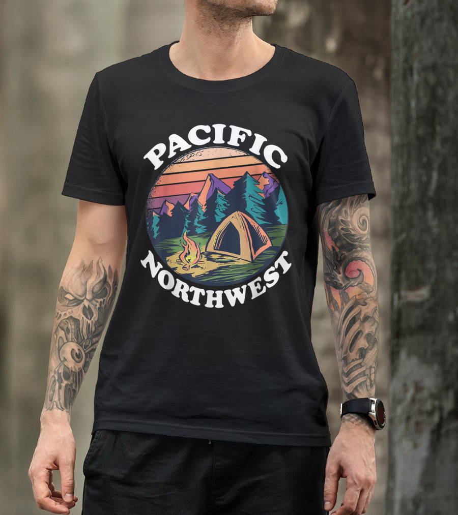 Pacific Northwest Camping Tent Campfire Forest Scene T-Shirt