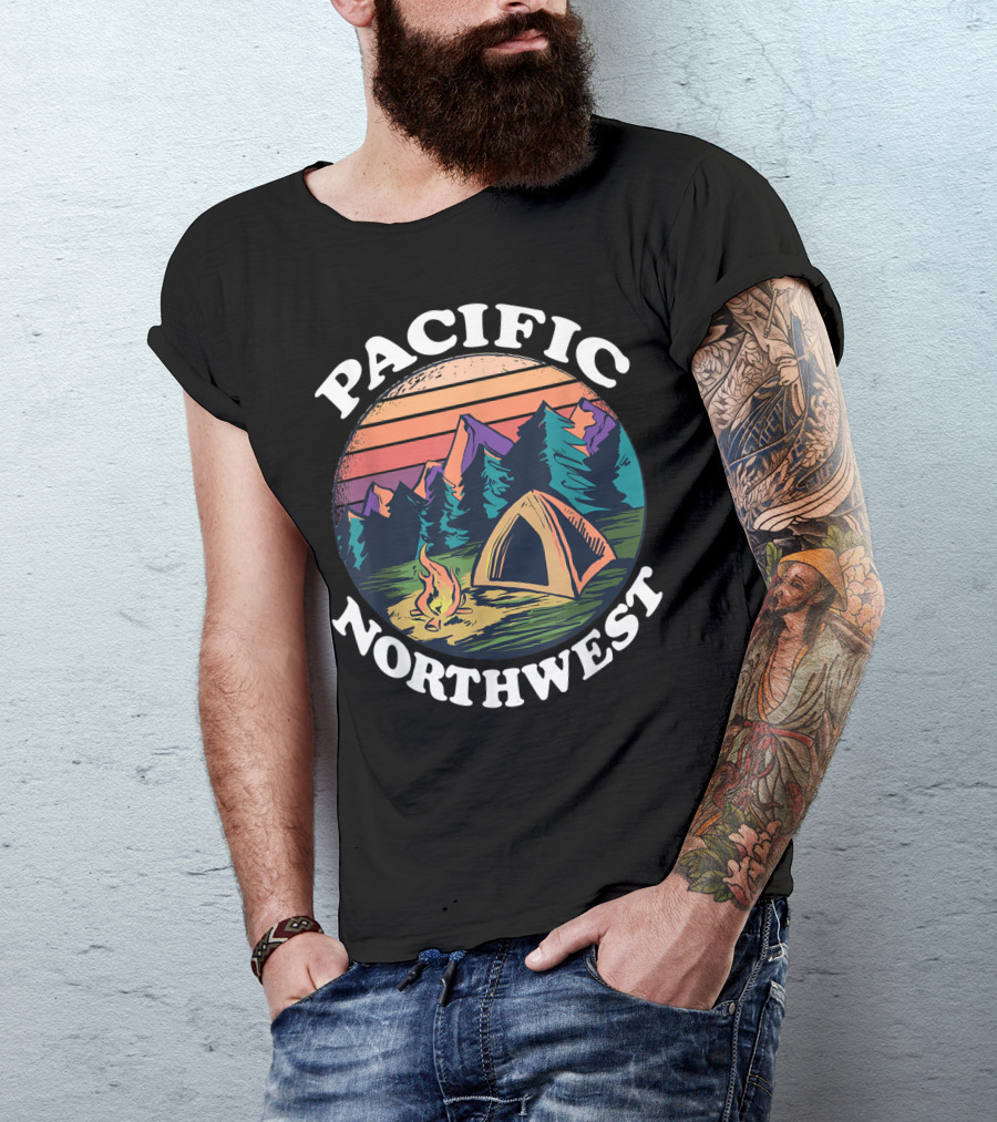 Pacific Northwest Camping Tent Campfire Forest Scene T-Shirt