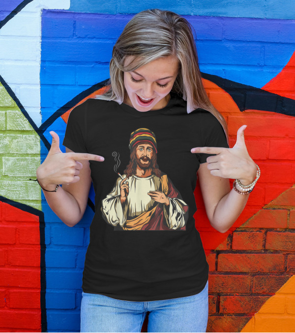 Pot Smoking Jesus Christ Cannabis Weed Rasta Hat Smoking Joint T-Shirt