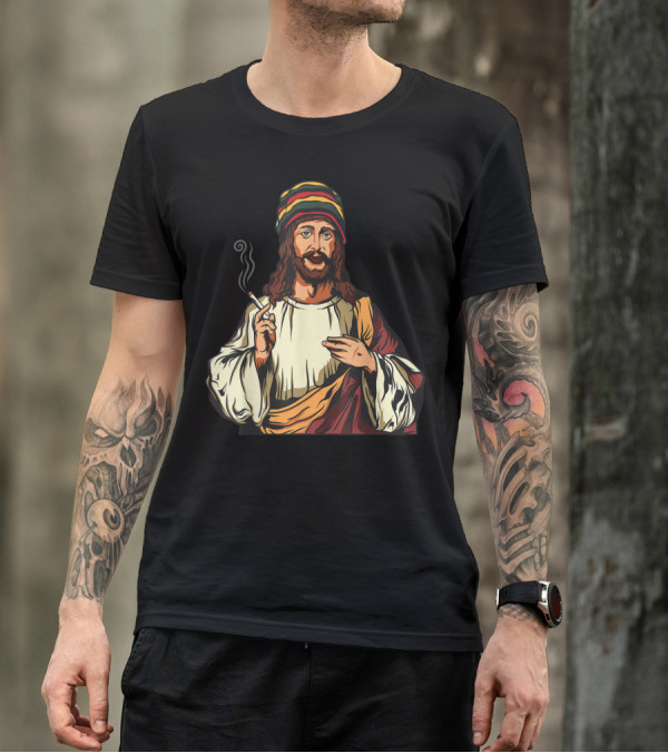 Pot Smoking Jesus Christ Cannabis Weed Rasta Hat Smoking Joint T-Shirt