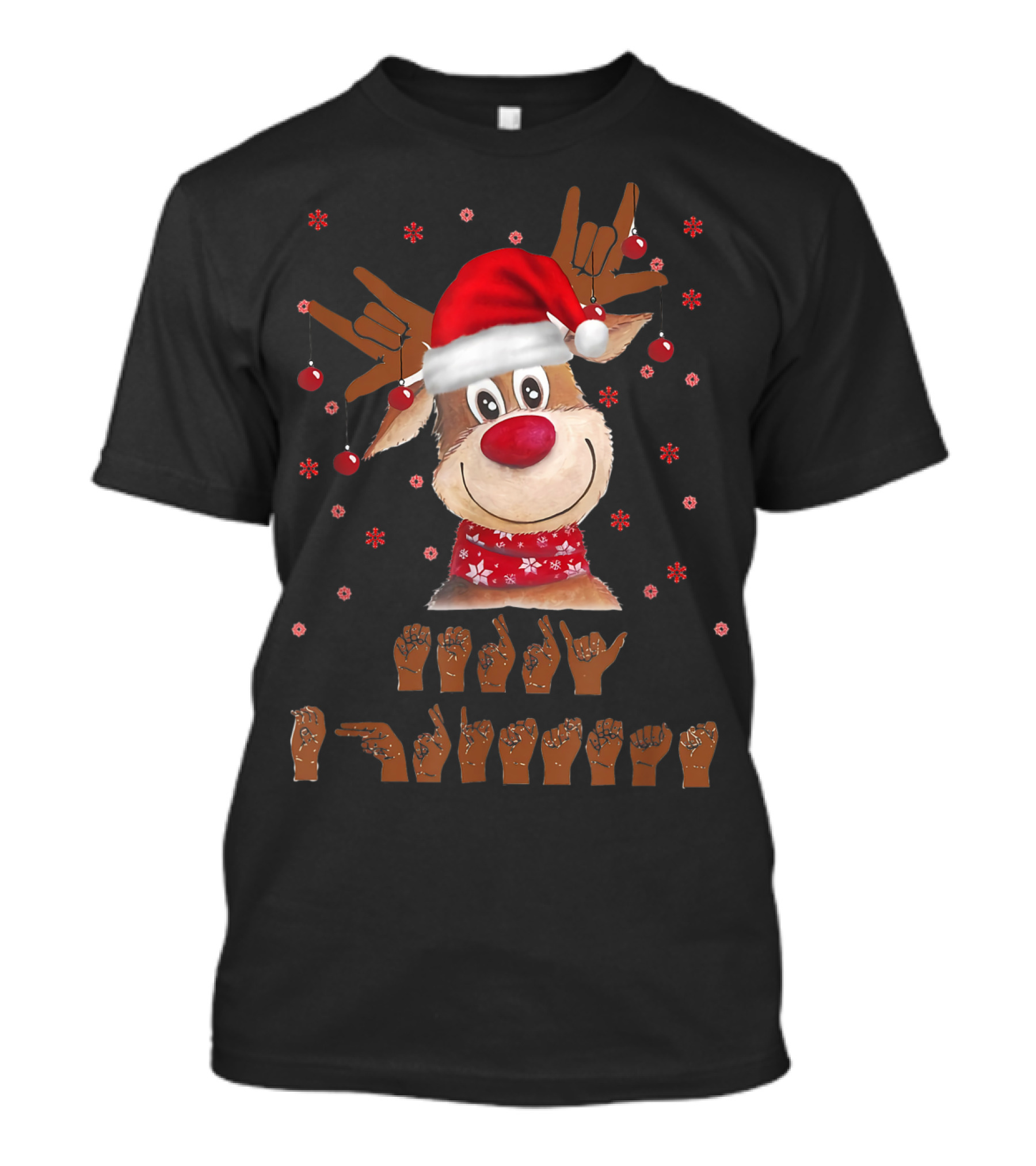 Merry Christmas Reindeer In Santa Hat With ASL Sign Language And Red Nose T-Shirt