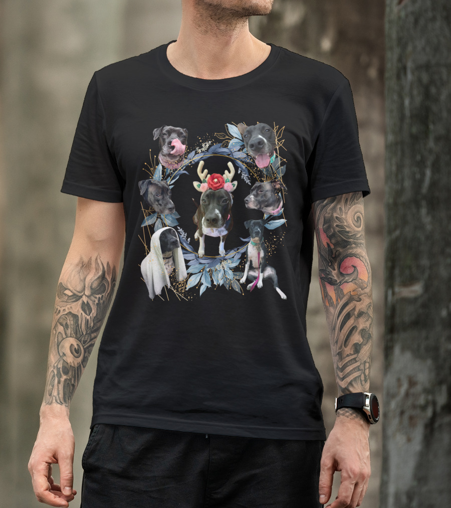 Puppy Holiday Antler Flower Dog Faces Wreath T-Shirt