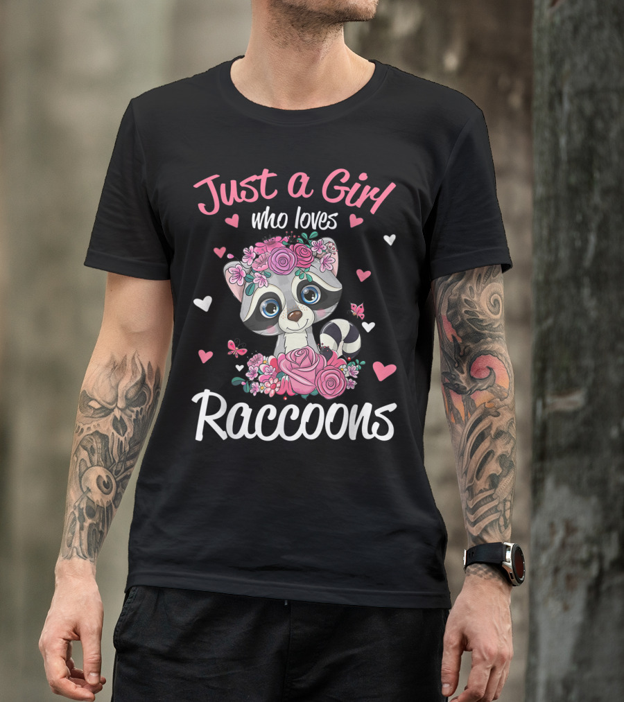Just A Girl Who Loves Raccoons Floral Hearts T-Shirt