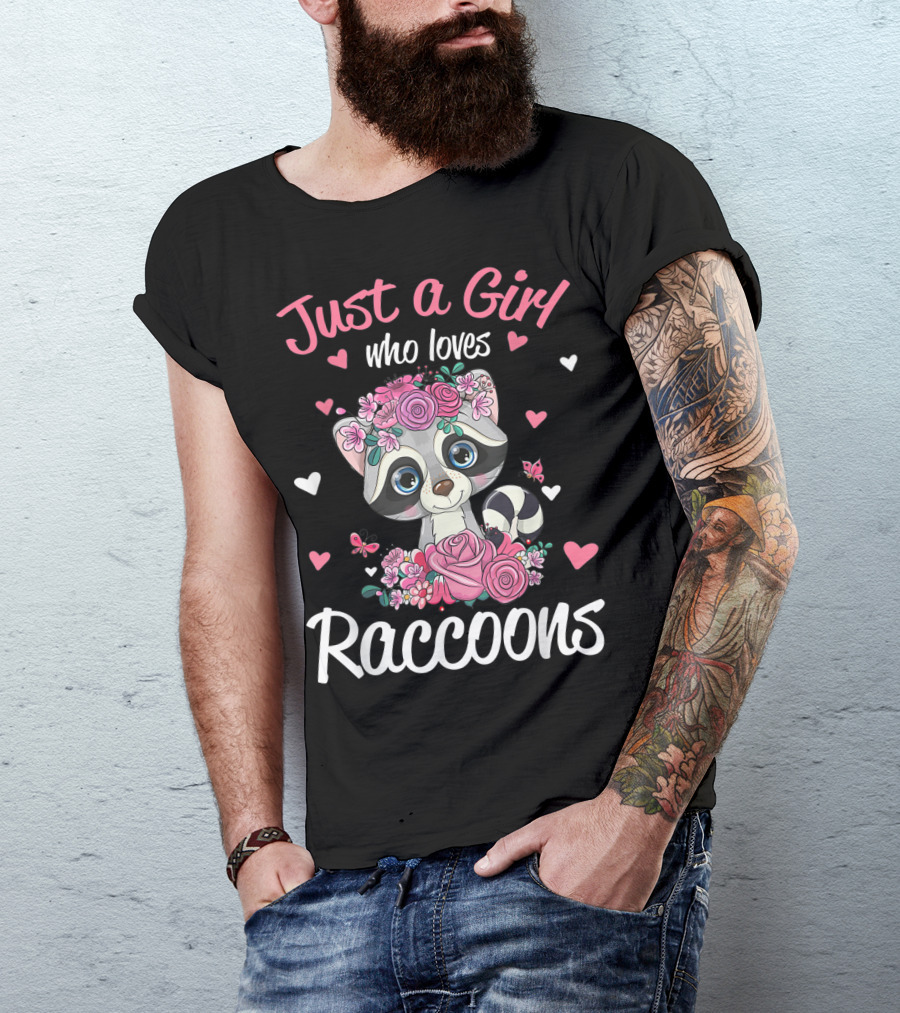 Just A Girl Who Loves Raccoons Floral Hearts T-Shirt