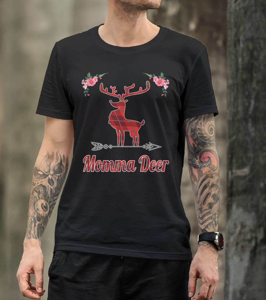 Red Plaid Momma Deer Buffalo Reindeer Floral T-Shirt
