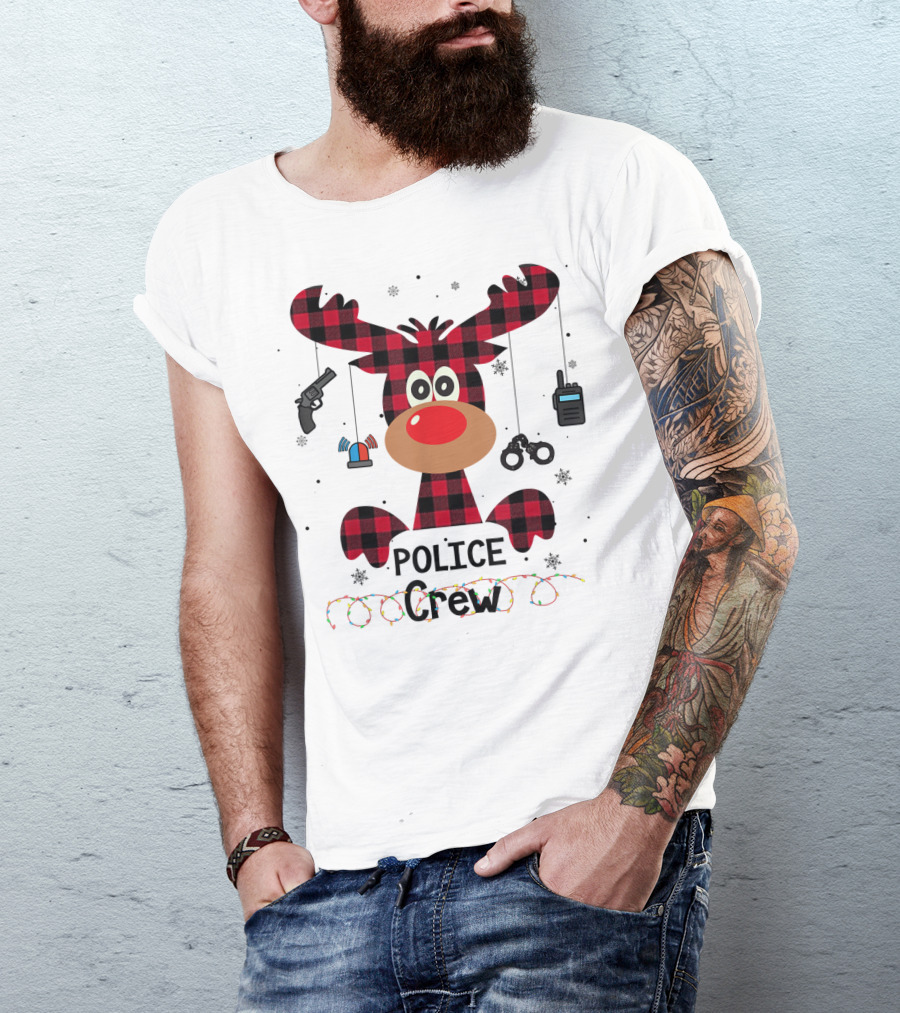 Red Plaid Reindeer Face Police Crew With Holiday Lights And Law Enforcement Icons T-Shirt