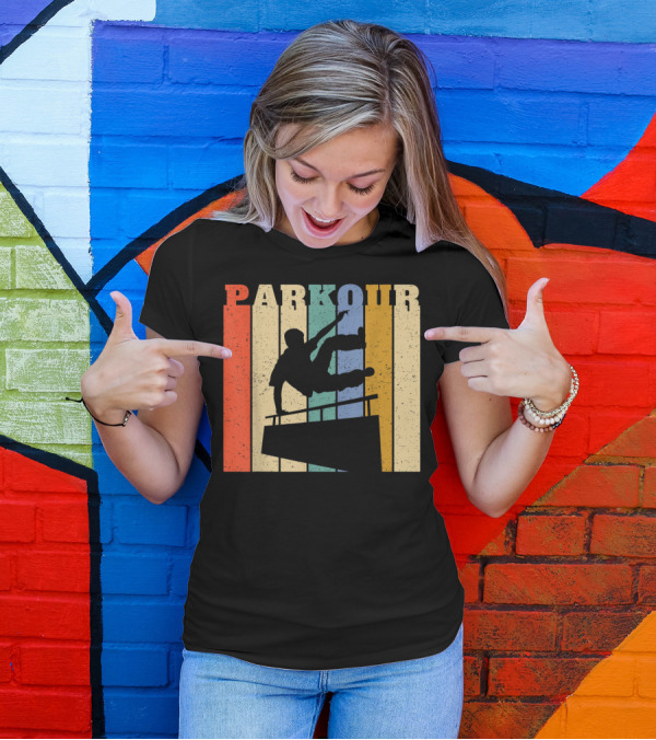 Retro Parkour Silhouette Against Striped Vintage Backdrop T-Shirt