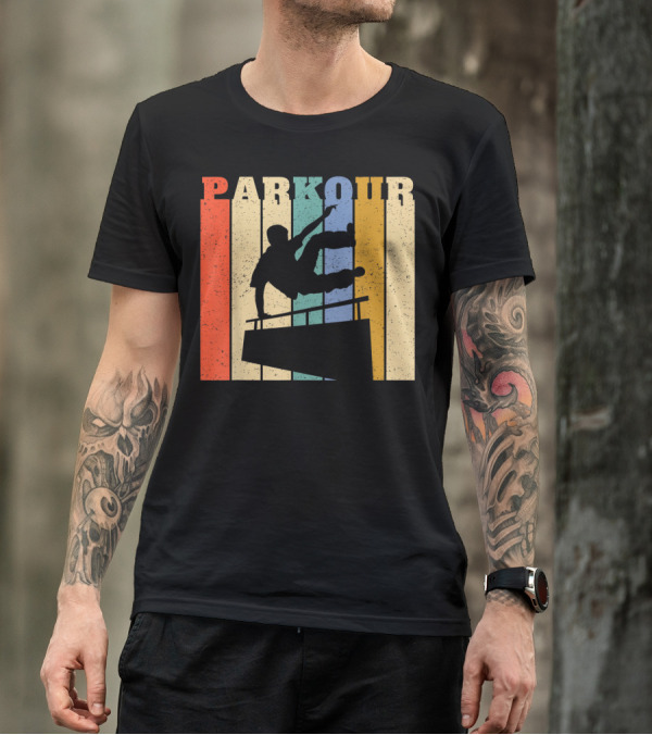 Retro Parkour Silhouette Against Striped Vintage Backdrop T-Shirt