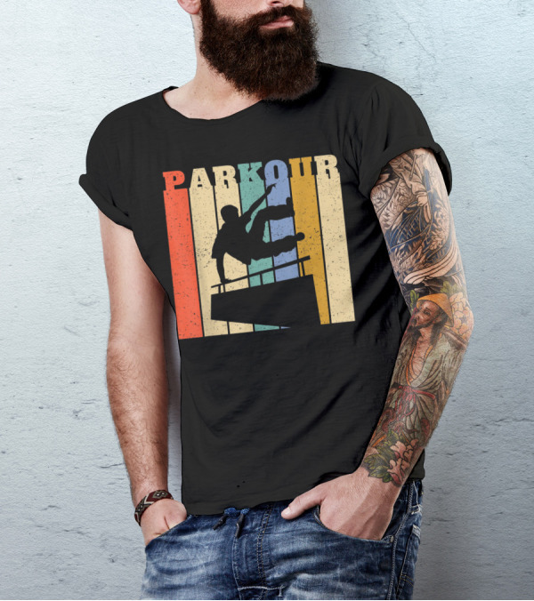 Retro Parkour Silhouette Against Striped Vintage Backdrop T-Shirt