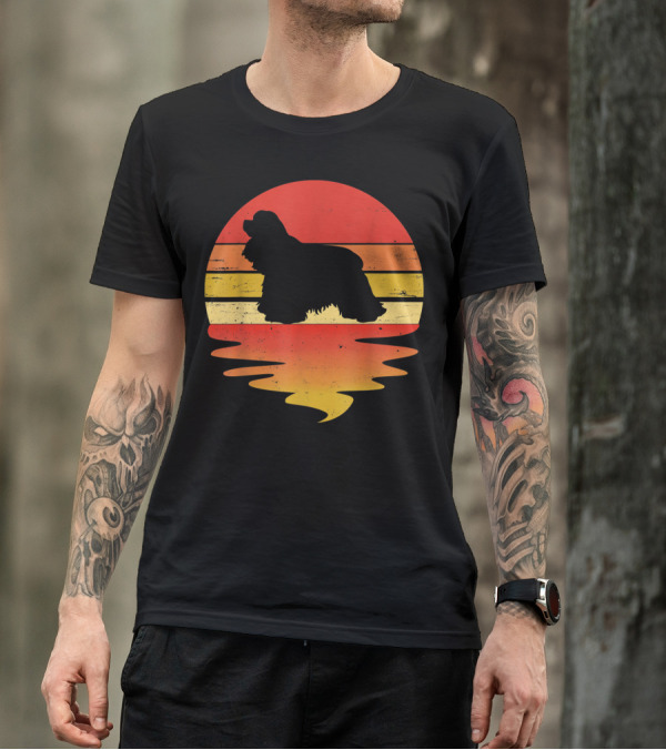 Retro Sunset Cocker Spaniel Silhouette Vintage 70s Style Dog Scene T-Shirt