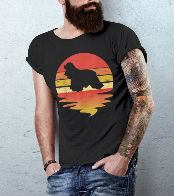 Retro Sunset Cocker Spaniel Silhouette Vintage 70s Style Dog Scene T-Shirt