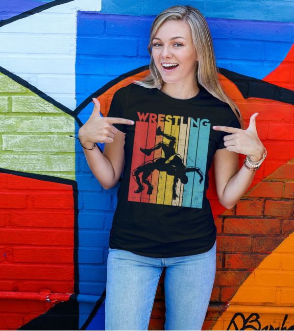 Wrestling Retro Vintage Silhouette Players On Colorful Stripes T-Shirt
