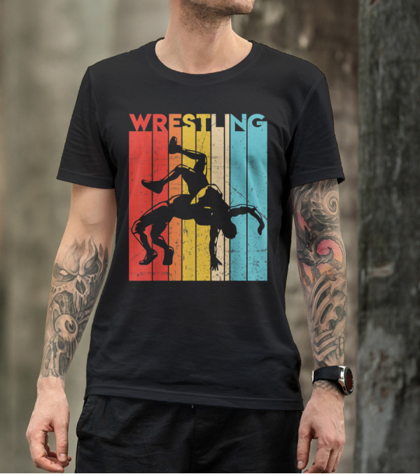 Wrestling Retro Vintage Silhouette Players On Colorful Stripes T-Shirt