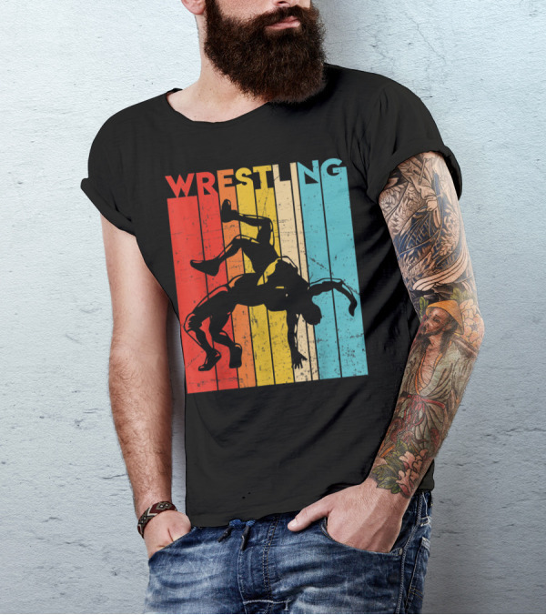 Wrestling Retro Vintage Silhouette Players On Colorful Stripes T-Shirt